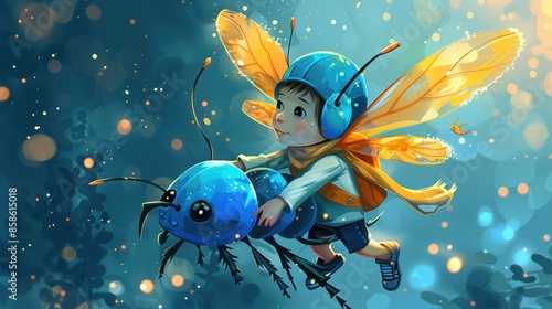 A child dressed in a whimsical outfit is riding a fantastical insect creature through a magical landscape filled with twinkling lights and wonder, representing adventure. photo