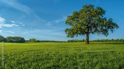 Lush green field under a clear blue sky with a single majestic oak tree in the foreground, creating a serene and balanced landscape. Great as a background or web banner.