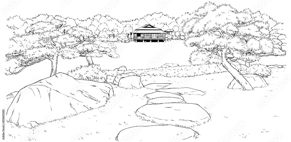 Fototapeta premium 漫画風ペン画イラスト 和風_庭園