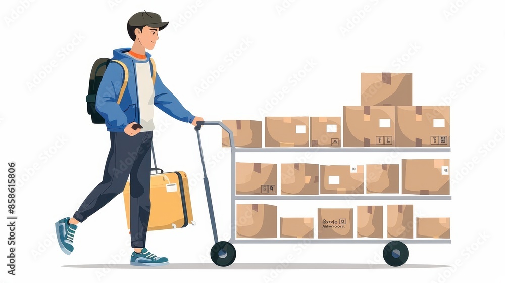 A person pushing a cart loaded with packages and carrying a suitcase, preparing for delivery, showcasing elements of logistics, travel, and modern commerce. A person pushing a cart loaded with packages and carrying a suitcase, preparing for delivery, showcasing elements of logistics, travel, and modern commerce.