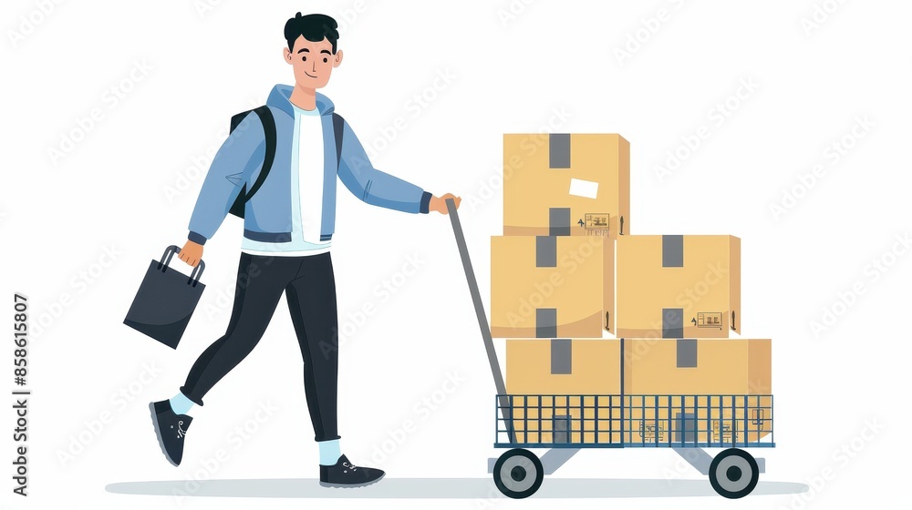 A young man dressed casually with a backpack is pushing a cart filled with boxes, while holding a briefcase in his other hand, reflecting daily urban life and responsibility. A young man dressed casually with a backpack is pushing a cart filled with boxes, while holding a briefcase in his other hand, reflecting daily urban life and responsibility.