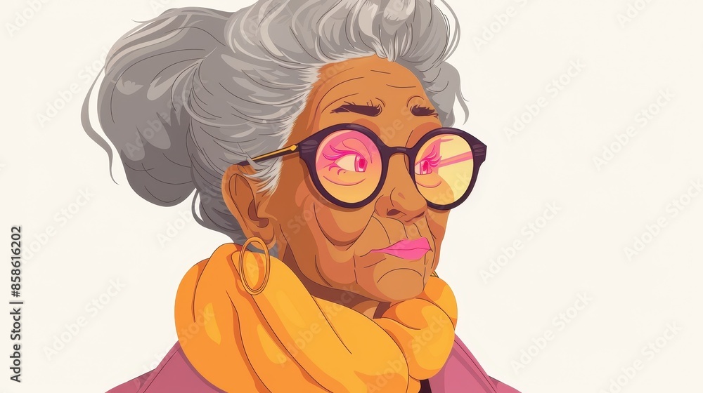 Artistic depiction of an elderly woman with gray hair in a sophisticated updo, wearing a pink coat, a yellow scarf, glasses, and gold hoop earrings. Artistic depiction of an elderly woman with gray hair in a sophisticated updo, wearing a pink coat, a yellow scarf, glasses, and gold hoop earrings.