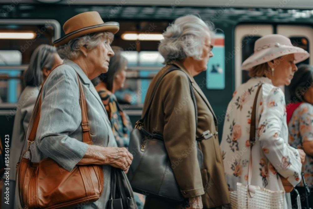 Group of senior people traveling in the city by train, vintage tone Group of senior people traveling in the city by train, vintage tone