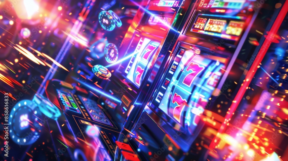 Casino scene with slot machine in neon colors. Winning concept Casino scene with slot machine in neon colors. Winning concept
