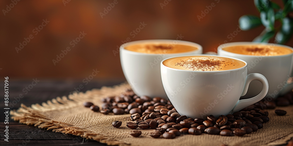 Two white coffee cups filled with frothy coffee, surrounded by scattered coffee beans on a wooden surface, with a warm, neutral background. Perfect for coffee and cozy moments themes. Two white coffee cups filled with frothy coffee, surrounded by scattered coffee beans on a wooden surface, with a warm, neutral background. Perfect for coffee and cozy moments themes.