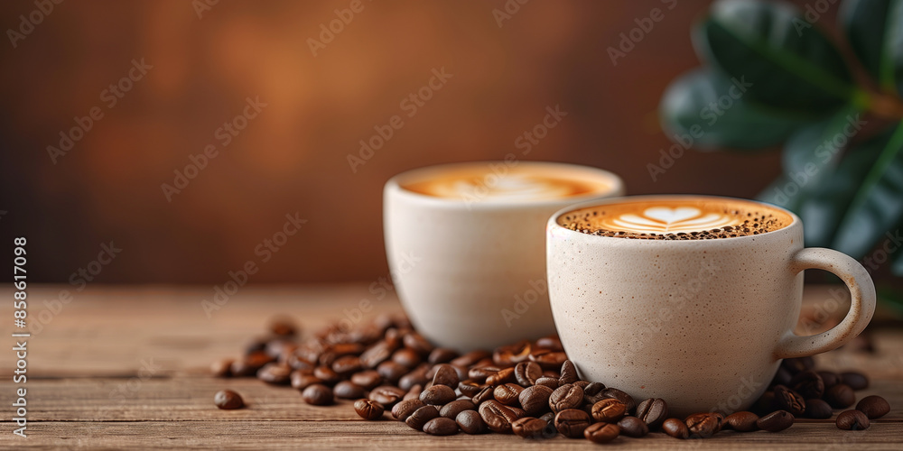 Two white coffee cups filled with frothy coffee, surrounded by scattered coffee beans on a wooden surface, with a warm, neutral background. Perfect for coffee and cozy moments themes. Two white coffee cups filled with frothy coffee, surrounded by scattered coffee beans on a wooden surface, with a warm, neutral background. Perfect for coffee and cozy moments themes.