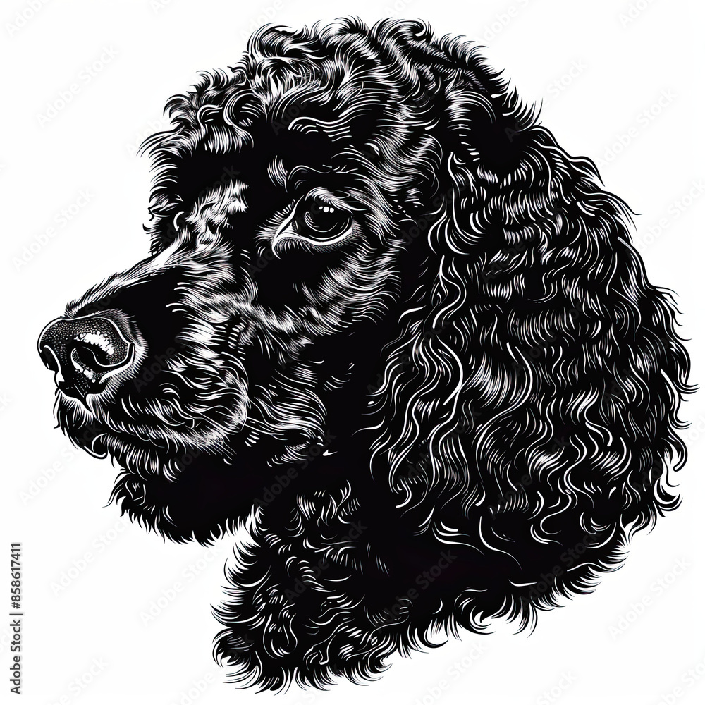 A black and white drawing of a poodle dog A black and white drawing of a poodle dog