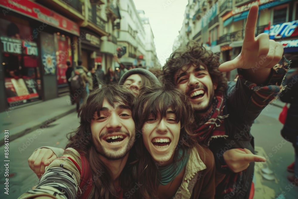 Group of young people taking a selfie on the streets of the city Group of young people taking a selfie on the streets of the city