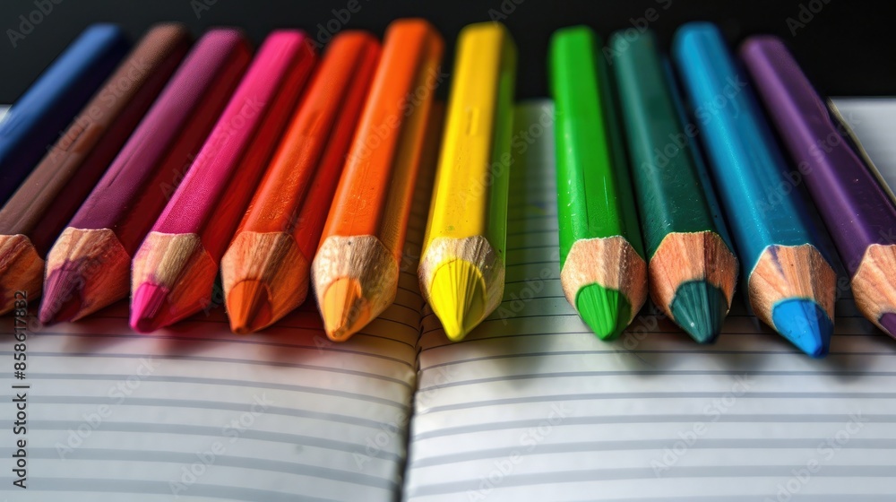 Colorful crayons in an empty notebook Colorful crayons in an empty notebook