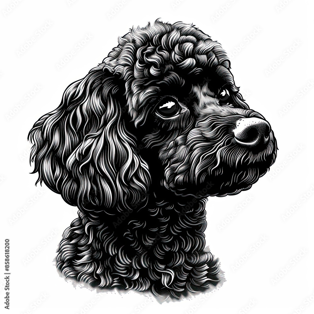 A black and white drawing of a poodle dog A black and white drawing of a poodle dog