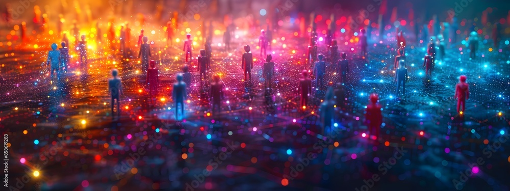 Fototapeta premium Ethereal 3D rendered constellation of stylized humanoid forms connected by a shimmering grid depicting the interwoven social fabric and harmonious coexistence of a vibrant