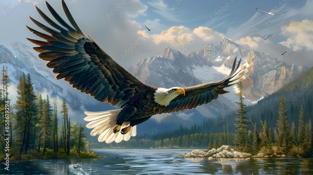 Fototapeta premium Eagle flying flush with water. 