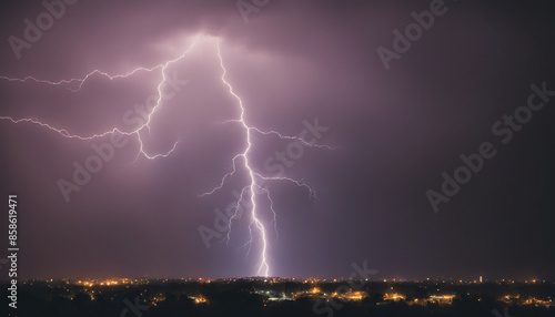 The moment violent lightning strikes in the sky during thunderstorms