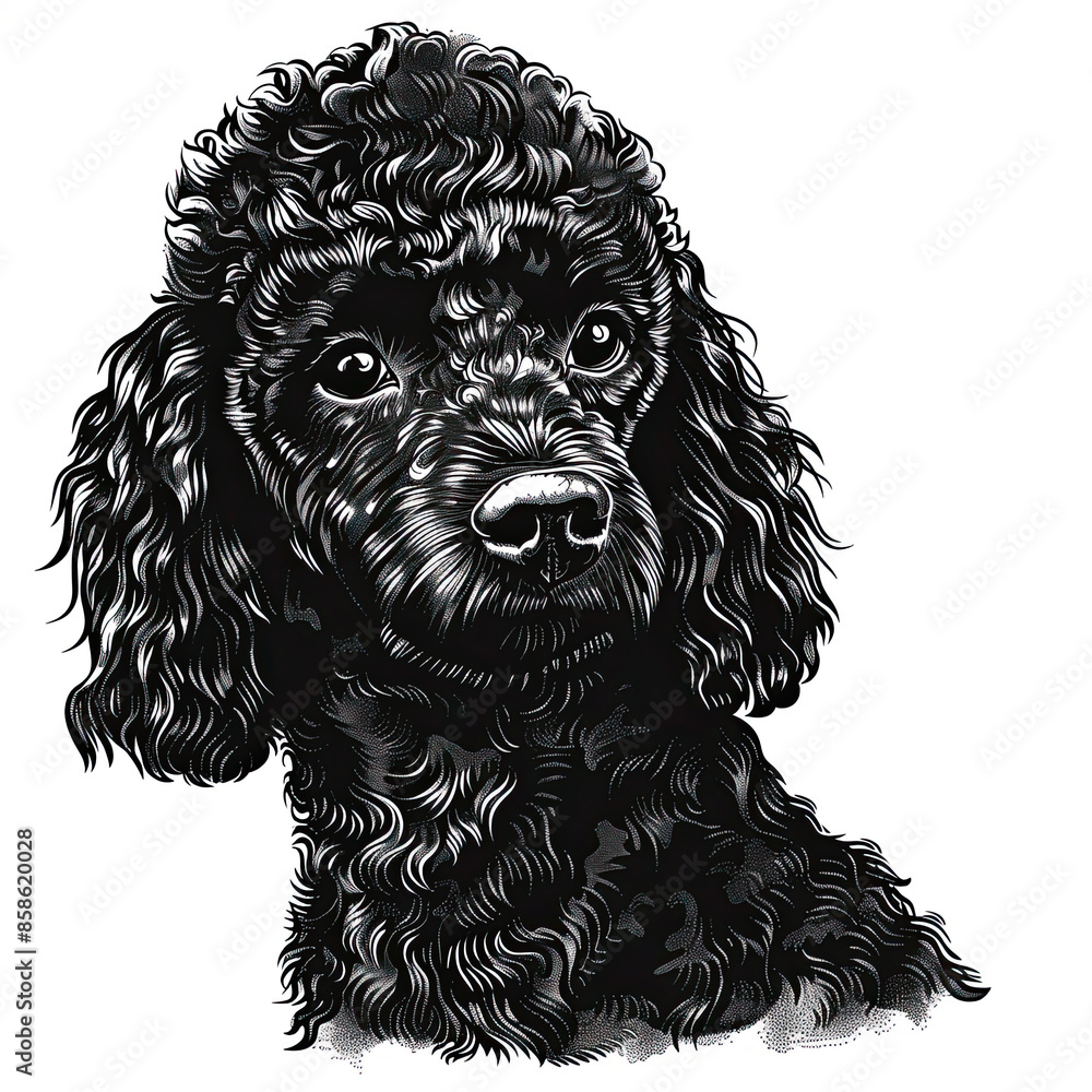 A black and white drawing of a poodle dog A black and white drawing of a poodle dog