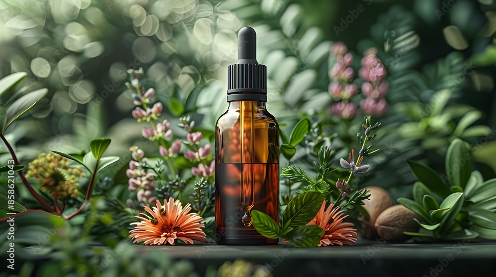 3D rendering of an amber glass dropper bottle with fresh botanicals organic herbs and delicate wildflowers displayed on a lush green plant based background 3D rendering of an amber glass dropper bottle with fresh botanicals organic herbs and delicate wildflowers displayed on a lush green plant based background