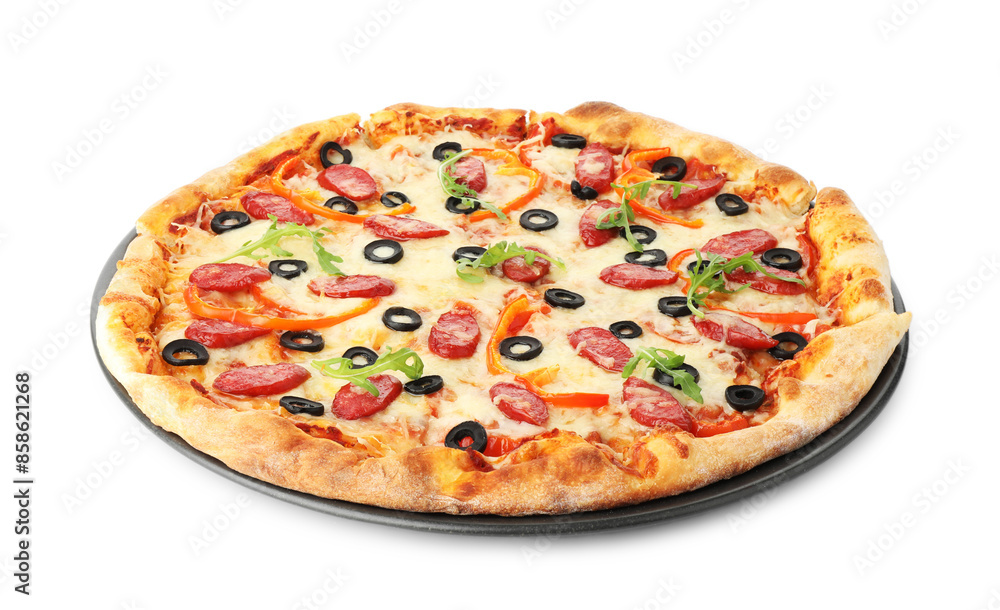 Tasty pizza with cheese, dry smoked sausages, olives, pepper and arugula isolated on white Tasty pizza with cheese, dry smoked sausages, olives, pepper and arugula isolated on white