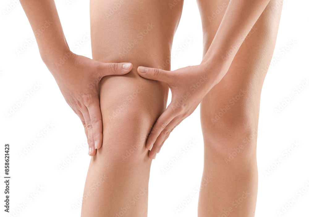 Woman showing her slim legs on white background, closeup Woman showing her slim legs on white background, closeup