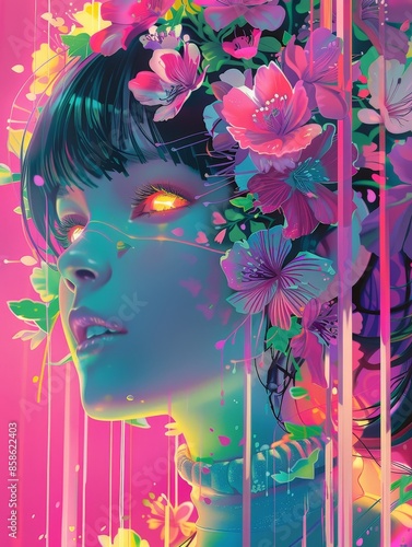 Digital Portrait with Floral Crown and Neon Drip © lan