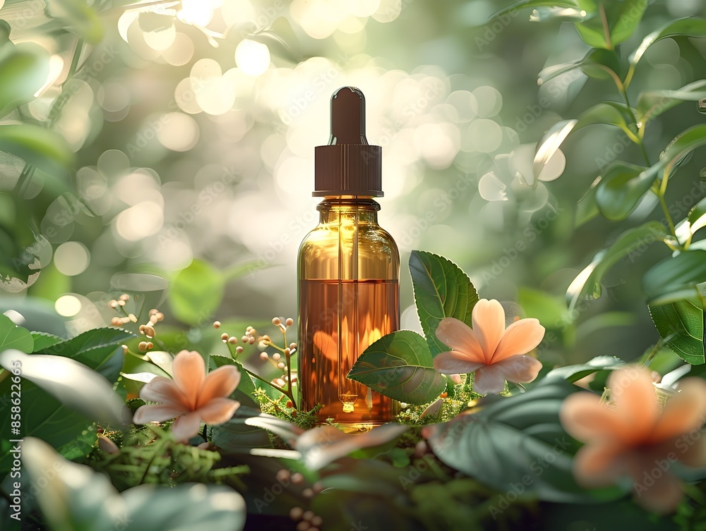 Elegant Amber Glass Dropper Bottle Nestled in Vibrant Botanical Vignette for Nature Inspired Elegant Amber Glass Dropper Bottle Nestled in Vibrant Botanical Vignette for Nature Inspired
