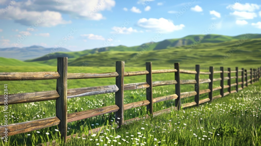 Wooden fence in a green meadow with wildflowers, sunny day, countryside landscape concept Wooden fence in a green meadow with wildflowers, sunny day, countryside landscape concept