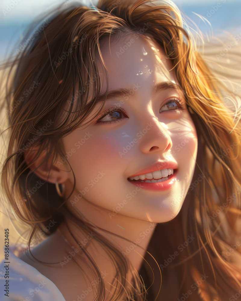 Radiant Smiling Young Woman with Sun Kissed Hair on a Breezy Beach A Portrait of Happiness and Sunshine on a Beautiful Day by the Sea Radiant Smiling Young Woman with Sun Kissed Hair on a Breezy Beach A Portrait of Happiness and Sunshine on a Beautiful Day by the Sea