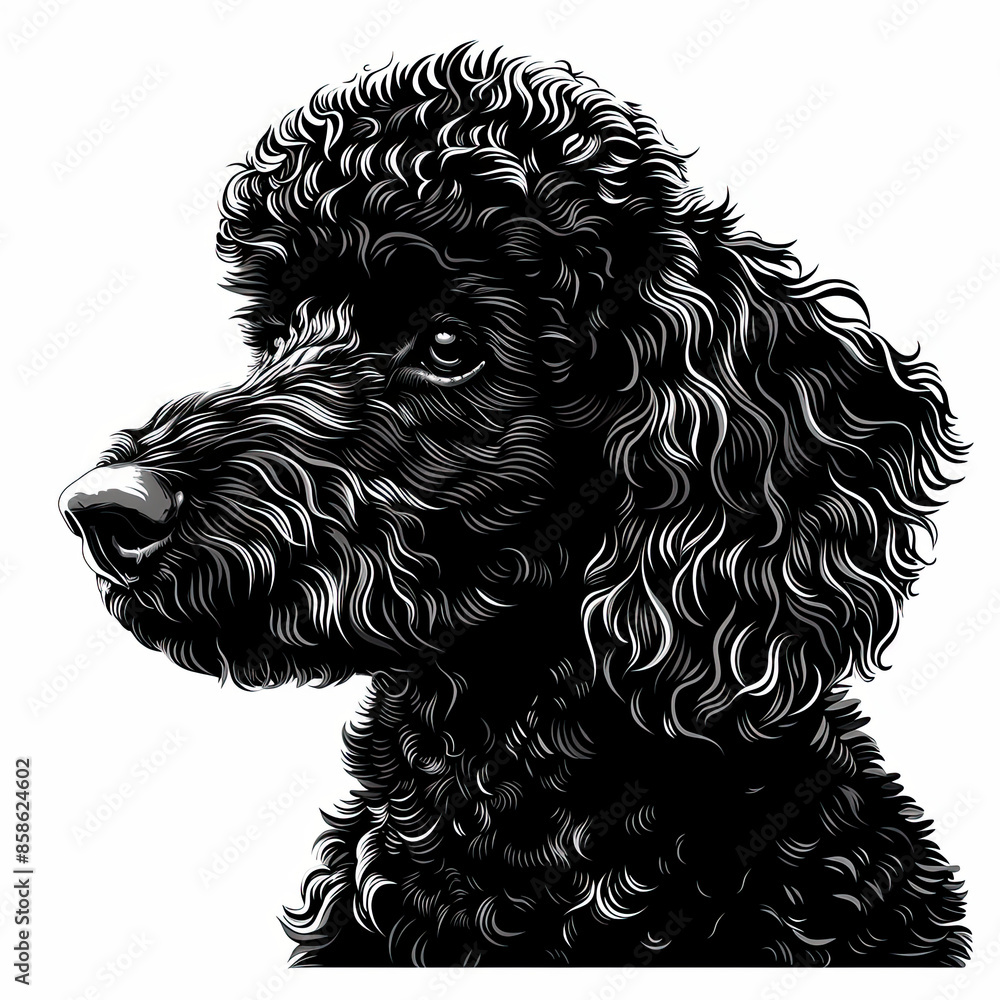 A black and white drawing of a poodle dog A black and white drawing of a poodle dog