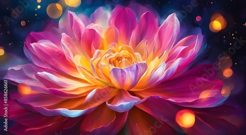 A colorful flower with a yellow center and pink petals