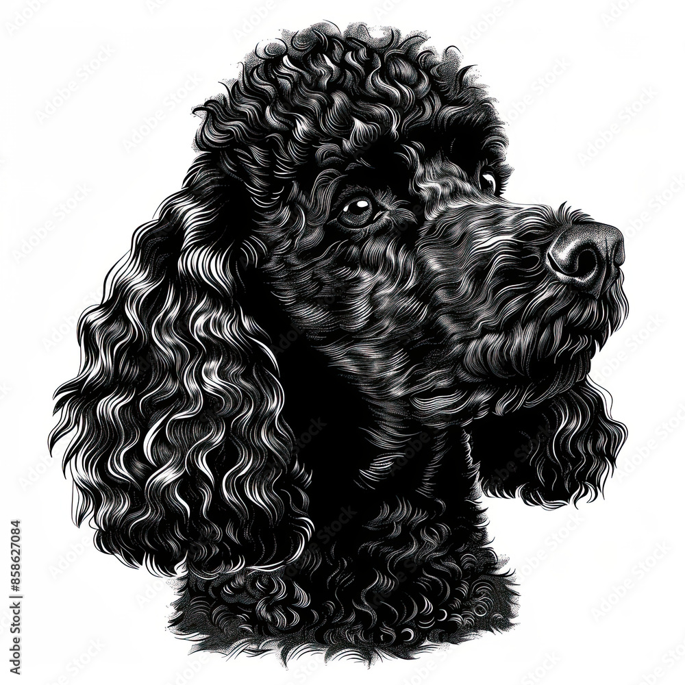 A black and white drawing of a poodle dog A black and white drawing of a poodle dog
