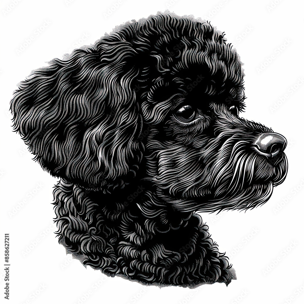 A black and white drawing of a poodle dog A black and white drawing of a poodle dog