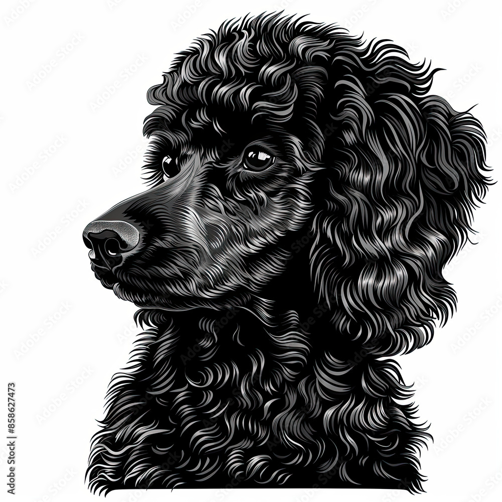 A black and white drawing of a poodle dog A black and white drawing of a poodle dog