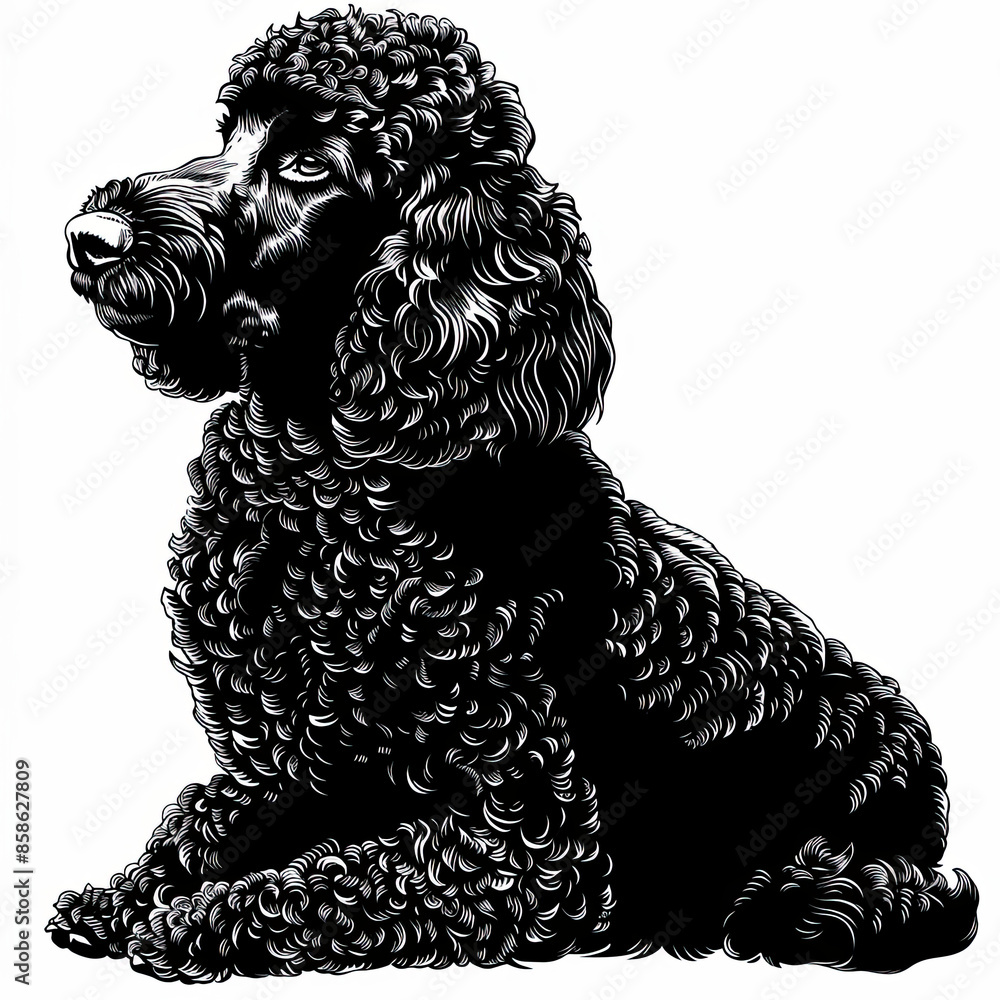 A black and white drawing of a poodle dog A black and white drawing of a poodle dog