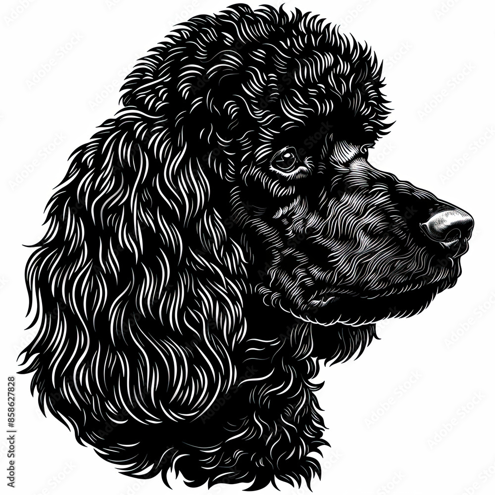 A black and white drawing of a poodle dog A black and white drawing of a poodle dog