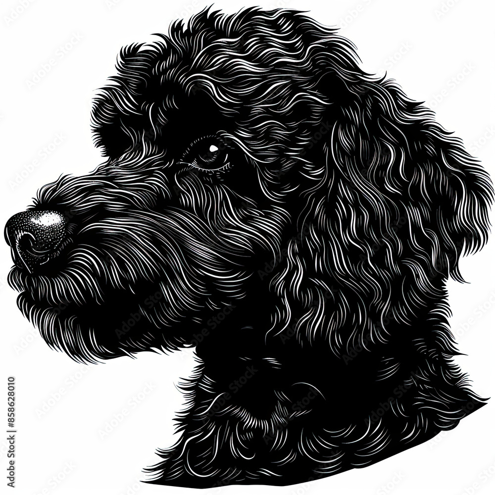 A black and white drawing of a poodle dog