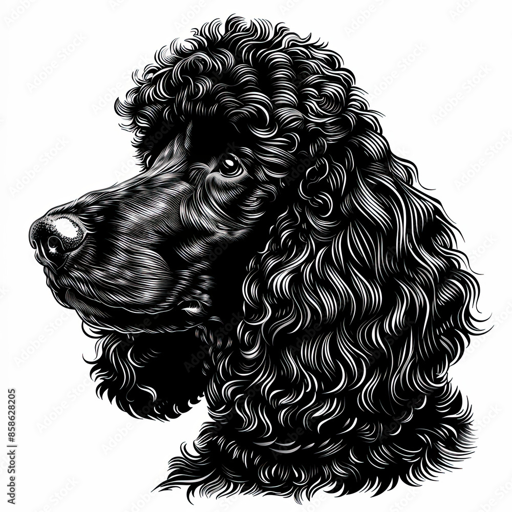 A black and white drawing of a poodle dog A black and white drawing of a poodle dog