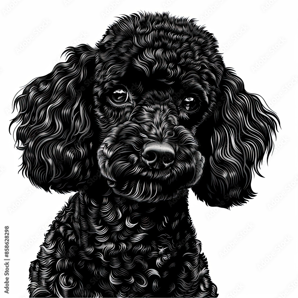 A black and white drawing of a poodle dog A black and white drawing of a poodle dog