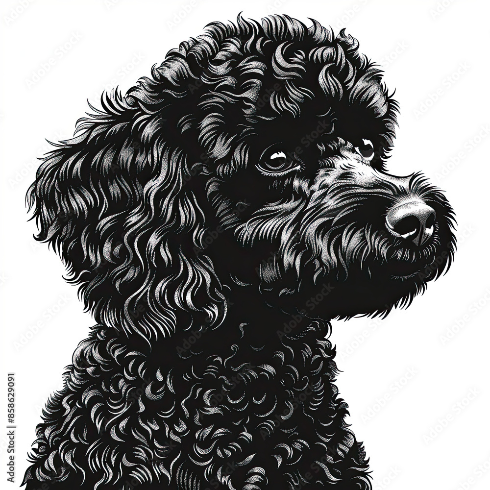 A black and white drawing of a poodle dog A black and white drawing of a poodle dog
