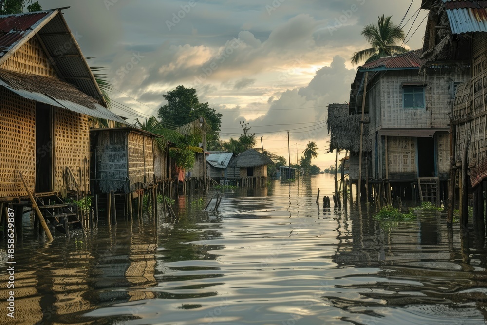 Bangladeshi village on stilts sinking from rising water levels caused by climate change Bangladeshi village on stilts sinking from rising water levels caused by climate change