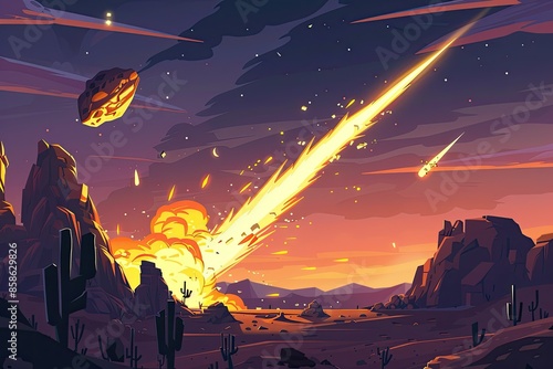 Obraz na płótnie Asteroid collides with mountain in desert
