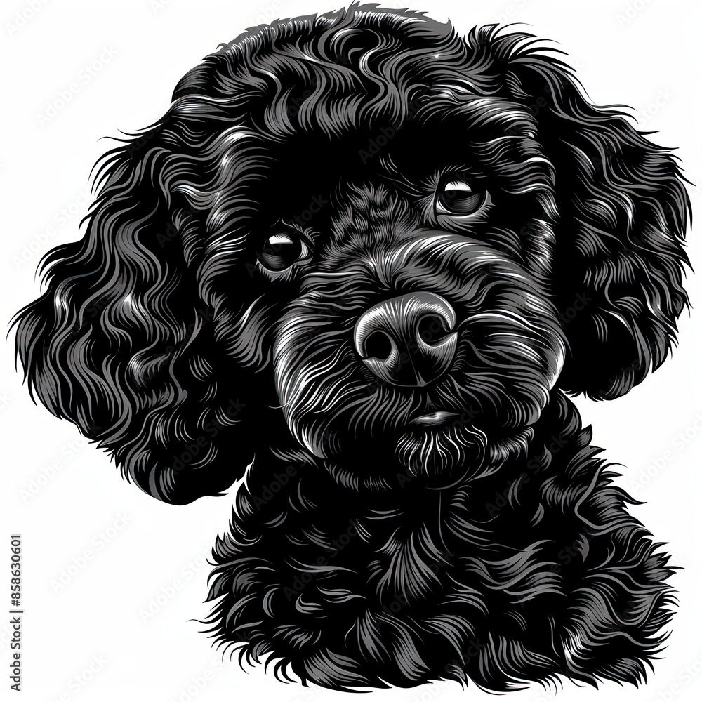 A black and white drawing of a poodle dog A black and white drawing of a poodle dog