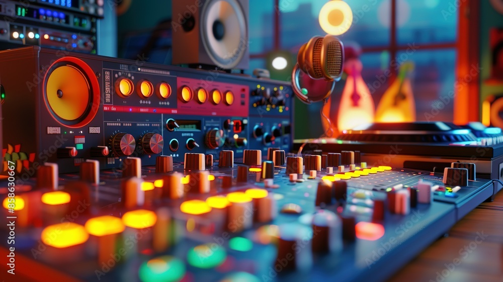 colorful music audio mixing board in closeup of a recording, audio track background in a dark recording, industrial machinery aesthetics, multimedia, selective focus, brightly colored colorful music audio mixing board in closeup of a recording, audio track background in a dark recording, industrial machinery aesthetics, multimedia, selective focus, brightly colored