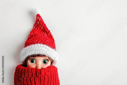 Christmas Elf toy peeking heads on white background with copy space Christmas tradition holiday spir