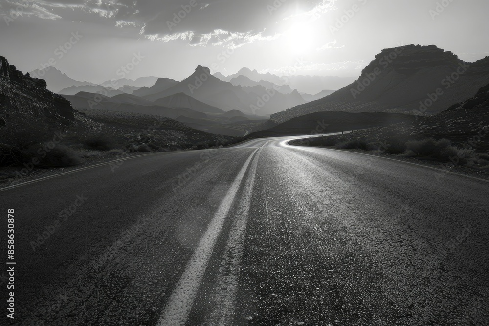 Fototapeta premium Desolate road and mountains at dawn