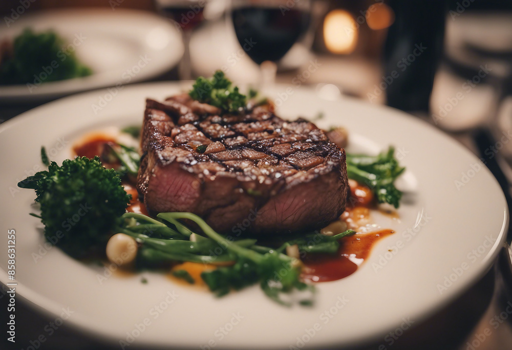 A plate of succulent beef is served at a high-end restaurant. A plate of succulent beef is served at a high-end restaurant.
