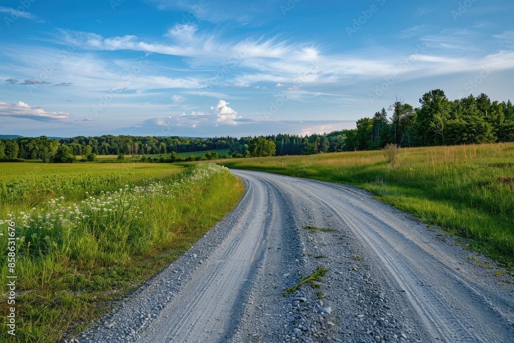 Gravel road in countryside with meadow viewed from the side Gravel road in countryside with meadow viewed from the side