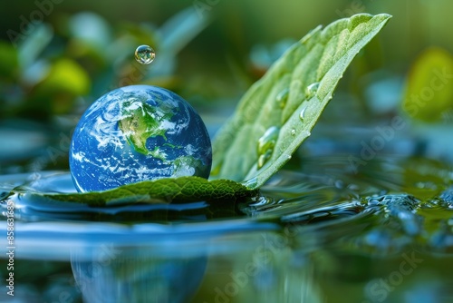 Green leaf reflects Earth in water drop showing water and environment concept furnishes elements of © Ruslan