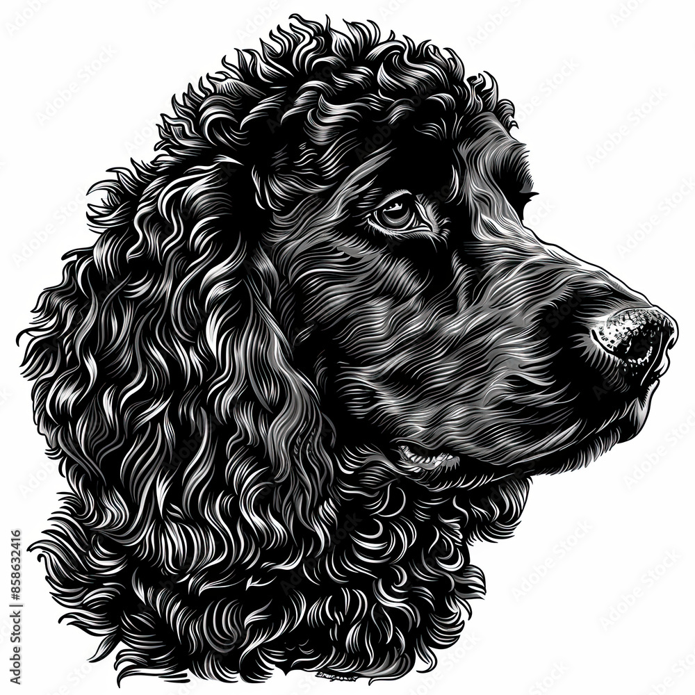 A black and white drawing of a poodle dog A black and white drawing of a poodle dog
