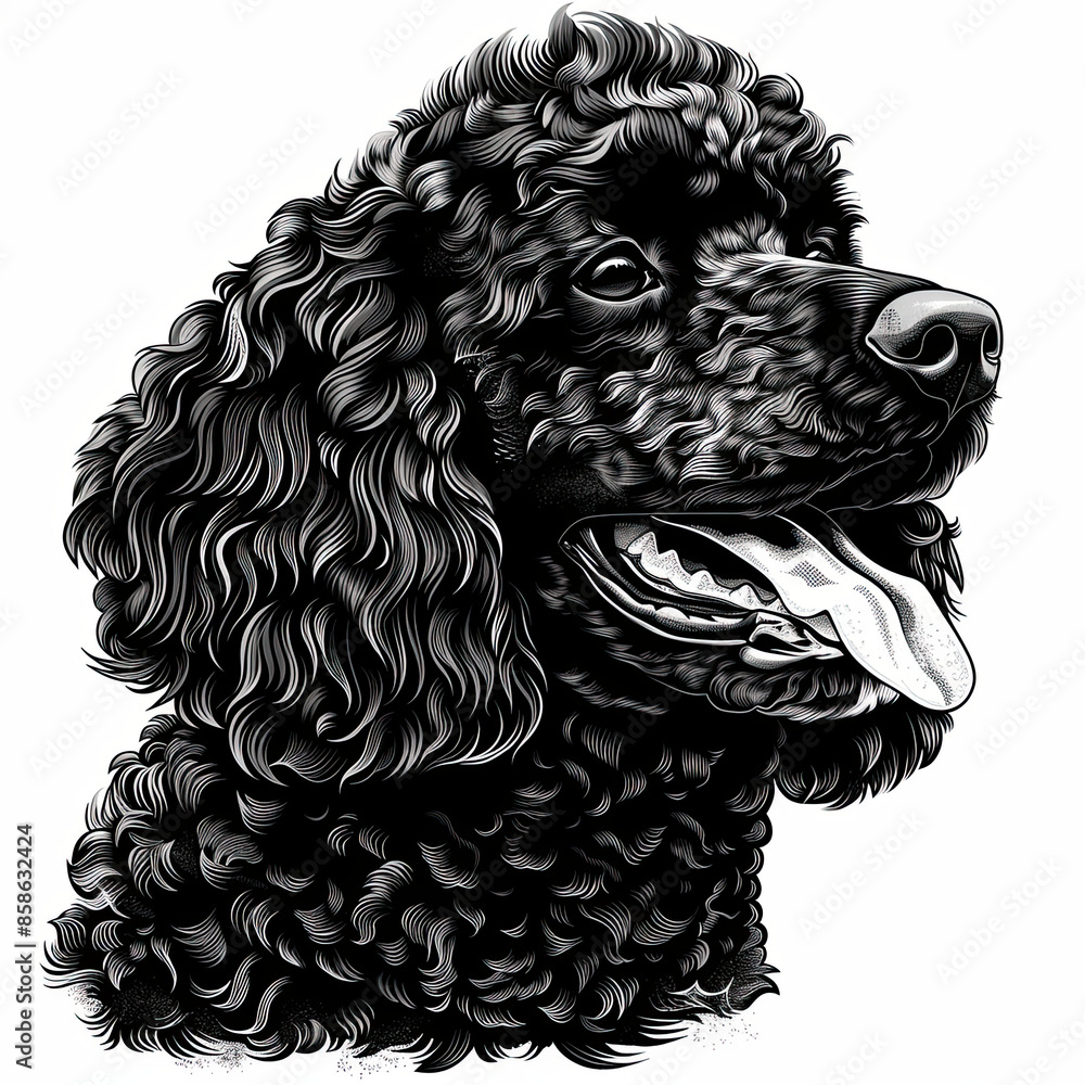 A black and white drawing of a poodle dog A black and white drawing of a poodle dog