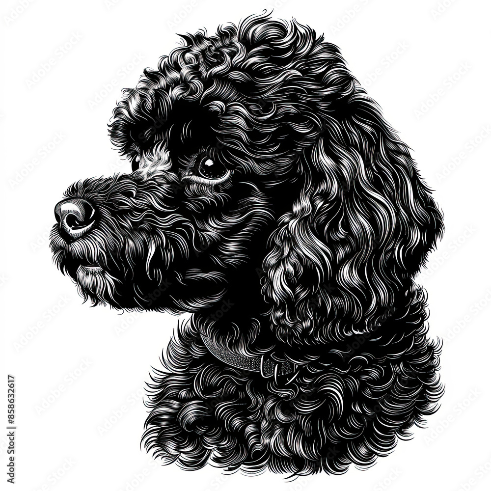 A black and white drawing of a poodle dog A black and white drawing of a poodle dog