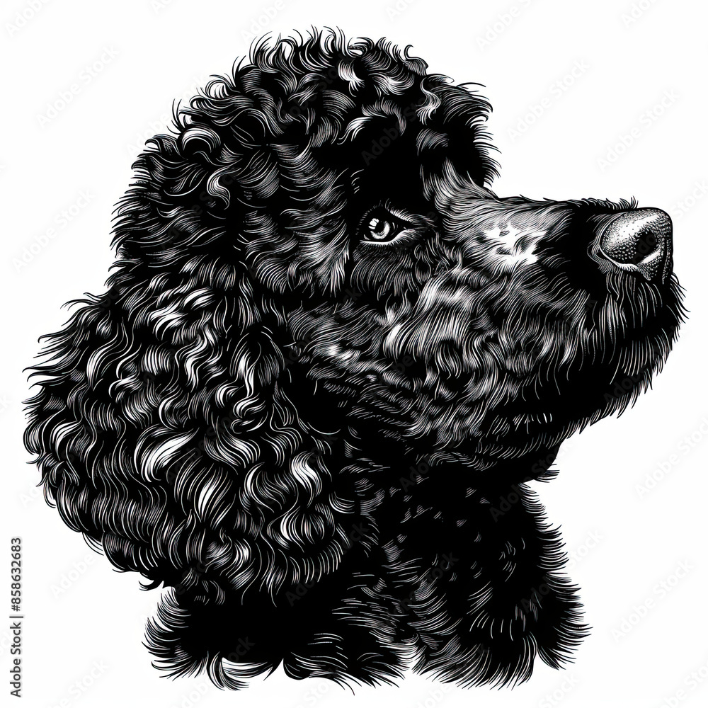 A black and white drawing of a poodle dog A black and white drawing of a poodle dog