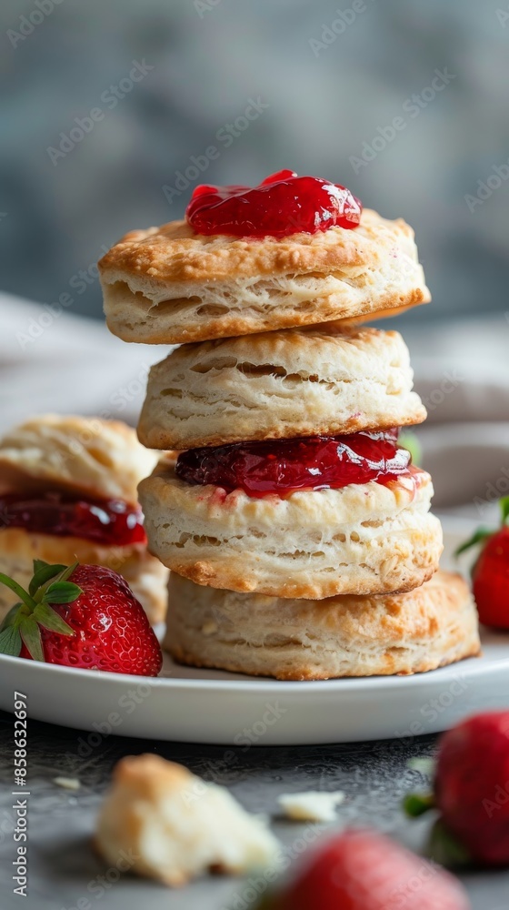 Homemade scones with strawberry jam on a plate Homemade scones with strawberry jam on a plate